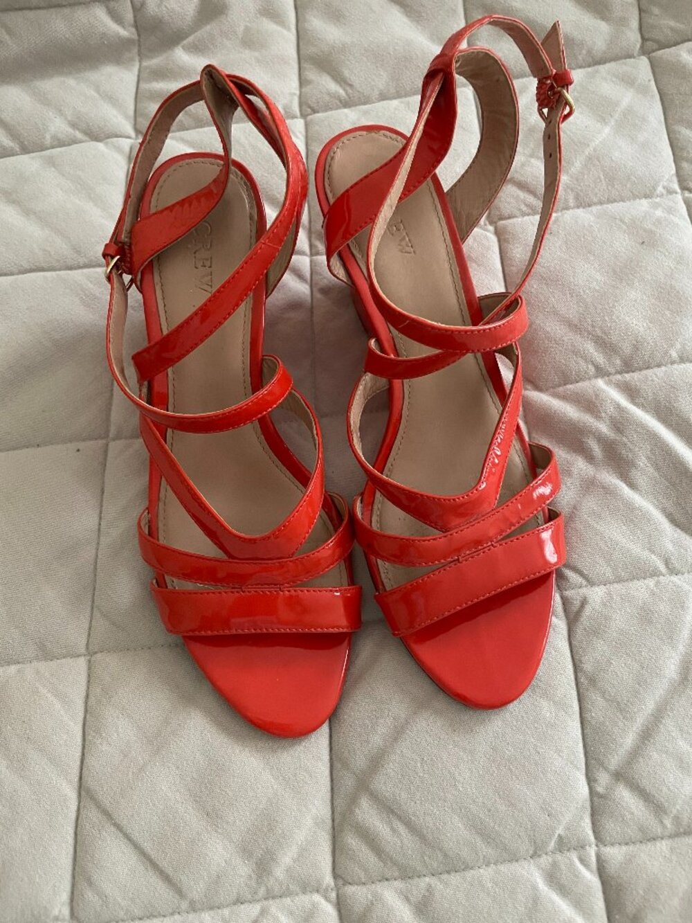 J.Crew Marci Coral Red Patent Leather Strappy Wedge Sandals Size 8.5